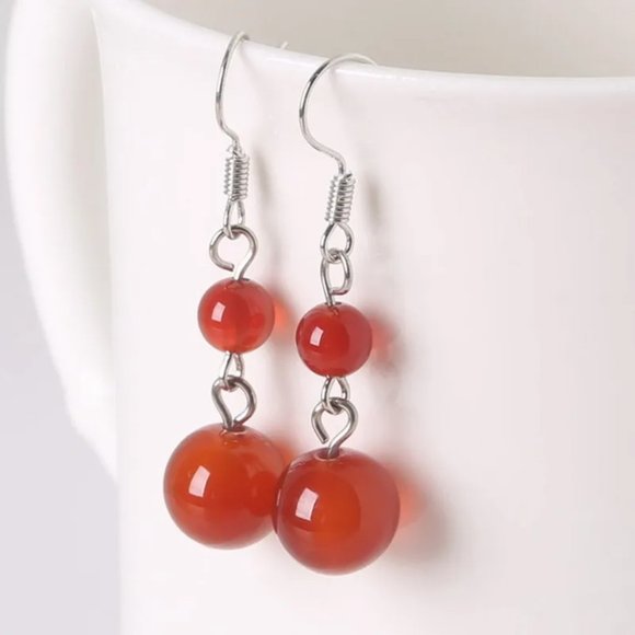 Red Agate Natural Stone Gemstone Round Beaded Healing Dangle Earrings - Picture 2 of 2